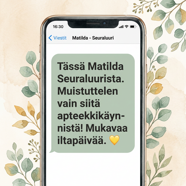 Puhelimen viestinäyttö, jossa Matilda Seuraluurista muistuttaa apteekkikäynnistä